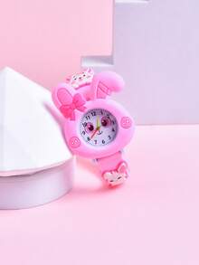 Reloj de pulsera para niñas con correa de silicona suave 3D con diseño de mariposa y conejo, reloj de cuarzo con orejas de conejo como regalo - Rosa - Ver 6