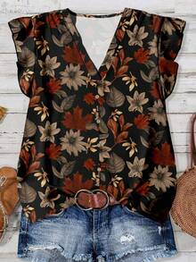 V-Neck Short Sleeve Women's Blouse, Floral Print With Button Details Vacation Summer - Multicolor - View 2
