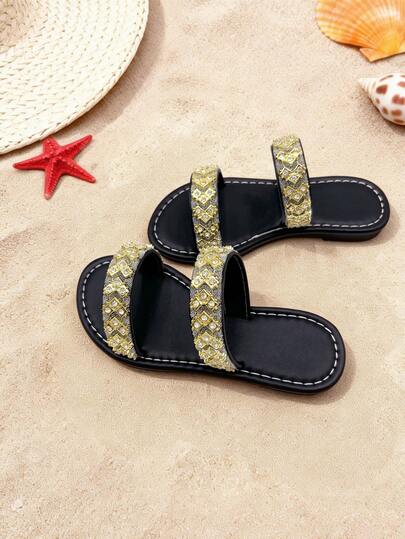 1双女童黑色金色闪亮钻石装饰透气PU双带凉鞋，露趾平底，精致可爱，日常休闲鞋