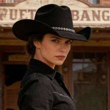 Felt Cowgirl Hat Stylish Colorful Rhinestone Chain Western Hat Wide Brim Jazz Cap For Daily Life  Party - màu đen - Xem 3