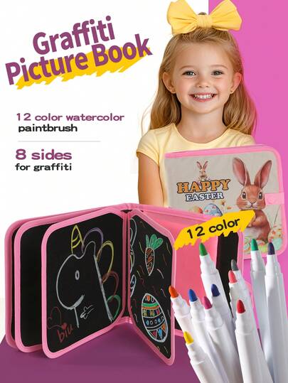 Reusable Easter Chalkboard Book With 12 Color Pens, Portable Early Education Toy For Drawing, Easter Party Decor, Gift For Kids, Girls