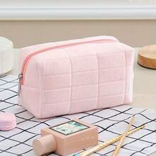1pc Soft Plaid Velvet Cosmetic Bag, Large Capacity Zipper Storage Pouch, Can Hold Makeup Brushes & Travel Essentials, Women's Makeup Bag, Toiletry Bag, Pencil Case, Multi-Functional Storage Bag, Makeup Organizer, Student Pencil Case, Travel Toiletry, Travel Toiletry Makeup Bag , Makeup Room Decor - Multicolor - View 6