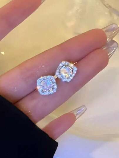 1 Pair Fashionable Square Rhinestone Earrings, Classic European & American Style, Versatile, Elegant, Suitable For Work And Commute, Luxury Earrings For Women