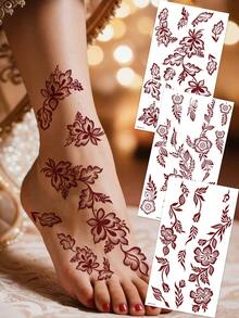 3pcs Red-Brown Leaf Flower Temporary Waterproof Tattoo Stickers, Fashionable Realistic Water Transfer Tattoo Stickers, Women Hand/Foot/Body Art, Suitable For Festivals, Weddings, Gifts And Daily Wear - Brown - View 9