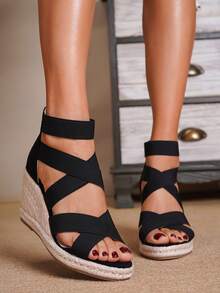 Women's Fashionable Straw Rope Casual Vacation Platform Thick Sole Roman Sandals - Black - View 9