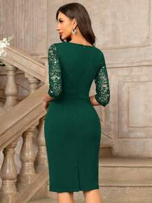 MIUSOL Classic V-Neck Sequin Floral Lace Contrast Ruffle Hem 3/4 Sleeve Bodycon Cocktail Dress Wedding Spring Party - Dark Green - View 3