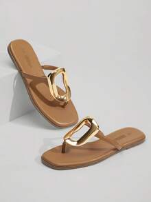 Rihero Flip Flops For Women Comfortable Square Toe Flat Sandals Slip On Summer Beach Slide Sandals With Metal Decoration - Tan - Xem 5