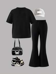 2pcs/Set Girls Casual Bow T-Shirt And Flared Pants Set, Summer - Black - View 2