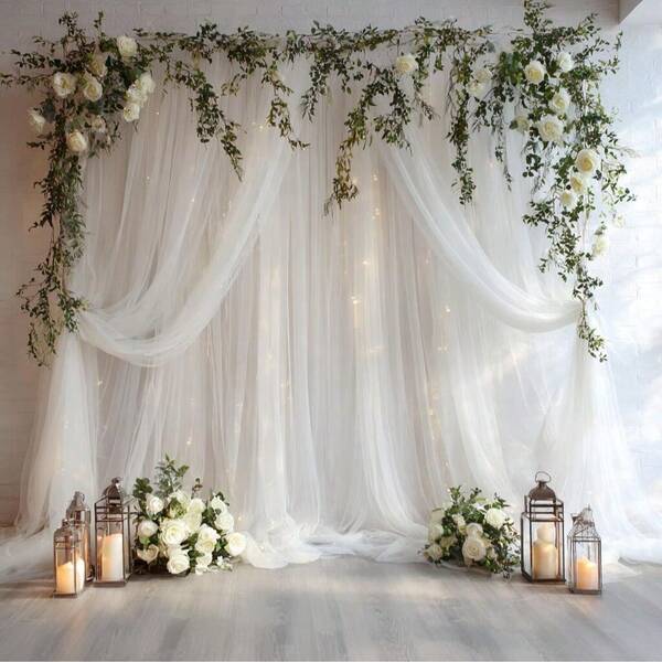 1pc/2pcs White/Black Sheer Voile Curtain Backdrop, Thin Mesh Fabric Drape With Rod Holes, For Wedding Ceremony, Party, Valentine's Day, Birthday And Event Decoration (Rods Not Included)