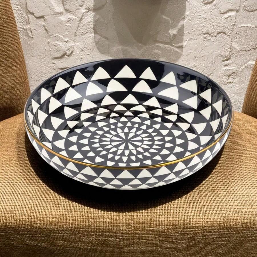 Monochrome Ceramic Serving Bowl With Elegant Medallion Pattern - Multicolor - View 1