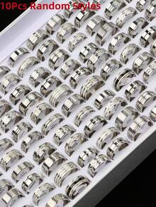 10Pcs/Lot Classic Fashion Exquisite Stainless Steel Men Women Rings Pattern Stripes Drip Oil Random Styles Casual Party Business Engagement Wedding Proposal Gifts Daily Wearing Accessories - 10 Stainless Steel Drip Stripe Rings - View 14