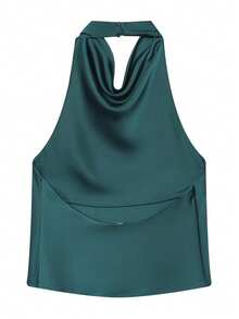 Regata Preta de Cetim Sem Costas para Mulheres, Regata de Praia de Verão para Mulheres, Regata com Alças Finas e Ombros à Mostra para Mulheres - Verde Escuro - Visão 4