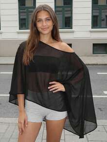 Black Sheer Asymmetrical Poncho For Women Solid Color Off Shoulder Blouse Elegant Loose Tops For Evening Party - màu đen - Xem 2