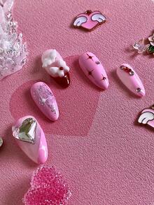 10PCS Women's Press On Nails Pink Nails Nail Gems Stiletto Nails Almond Nails Shiny Glitter Decorated Acrylic Material Sweet Girlish Heart Gem Red Accent Art Design Fake Nails Set Suitable For Daily Dating Christmas New Year Party Use - Multicolor - View 6