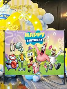 SpongeBob SquarePants Theme Party Backdrop, Cross-Border Birthday Happy Decoration Banner Supplies, Cartoon Fish Brother Hanging Cloth, Dorm Bedroom Wall Decor Creative Background Cloth, Cute - Multicolor - View 2