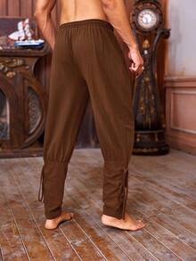 Men's Vintage Medieval Lace Up Pants, Viking Pirate Style Tapered Ankle Linen Costume Trousers For Themed Parties & Reenactments - màu nâu - Xem 3