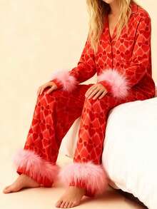 Women's Valentine's Y2k  Satin 2 Piece Pajama Sets Long Sleeve Furry Trim Lapel Heart Print Shirt And Elastic High Rise Long Pants Feather Cuffs Pj Sleepwear, Home Wear - 珊瑚紅 - 查看 4