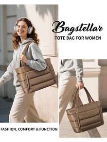 Puffer Tote Bag For Women, Lightweight Puffy Work Handbag Teacher Nurse Quilted Shoulder Bag For School Travel Gym - 深卡其色 - 查看 8