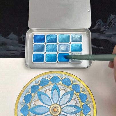 1盒固体水彩颜料，金属盒装水彩美术用品，水彩画艺术材料，返校新年节日礼物艺术用品，专业艺术用途