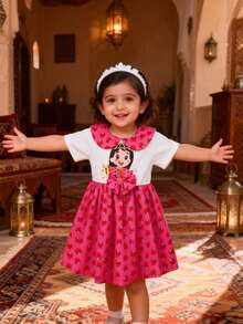 Ramadan Baby Girl Dress, Cute & Elegant Cartoon Girl & Damask Rose Print, Peter Pan Collar Short Sleeve Dress, Eid Al-Fitr Gift - Hot Pink - View 5