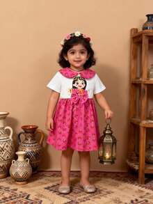 Ramadan Baby Girl Dress, Cute & Elegant Cartoon Girl & Damask Rose Print, Peter Pan Collar Short Sleeve Dress, Eid Al-Fitr Gift - Hot Pink - View 6