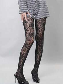 1双女士透明网眼连裤袜/丝袜，渔网连裤袜，高腰显瘦设计，大码，适合各种场合 - 黑色 - 查看 2
