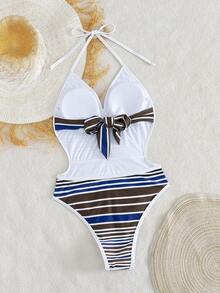 New Sexy One-Piece Women Striped Backless Tie Knot Bikini Swimsuit, Beach Vacation - White - View 4