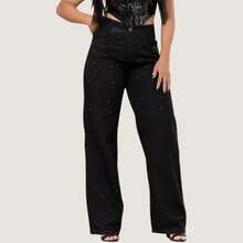 Calça Wide Leg Feminina Preta Cintura Alta Com Brilho Strass - Preto - Visão 8