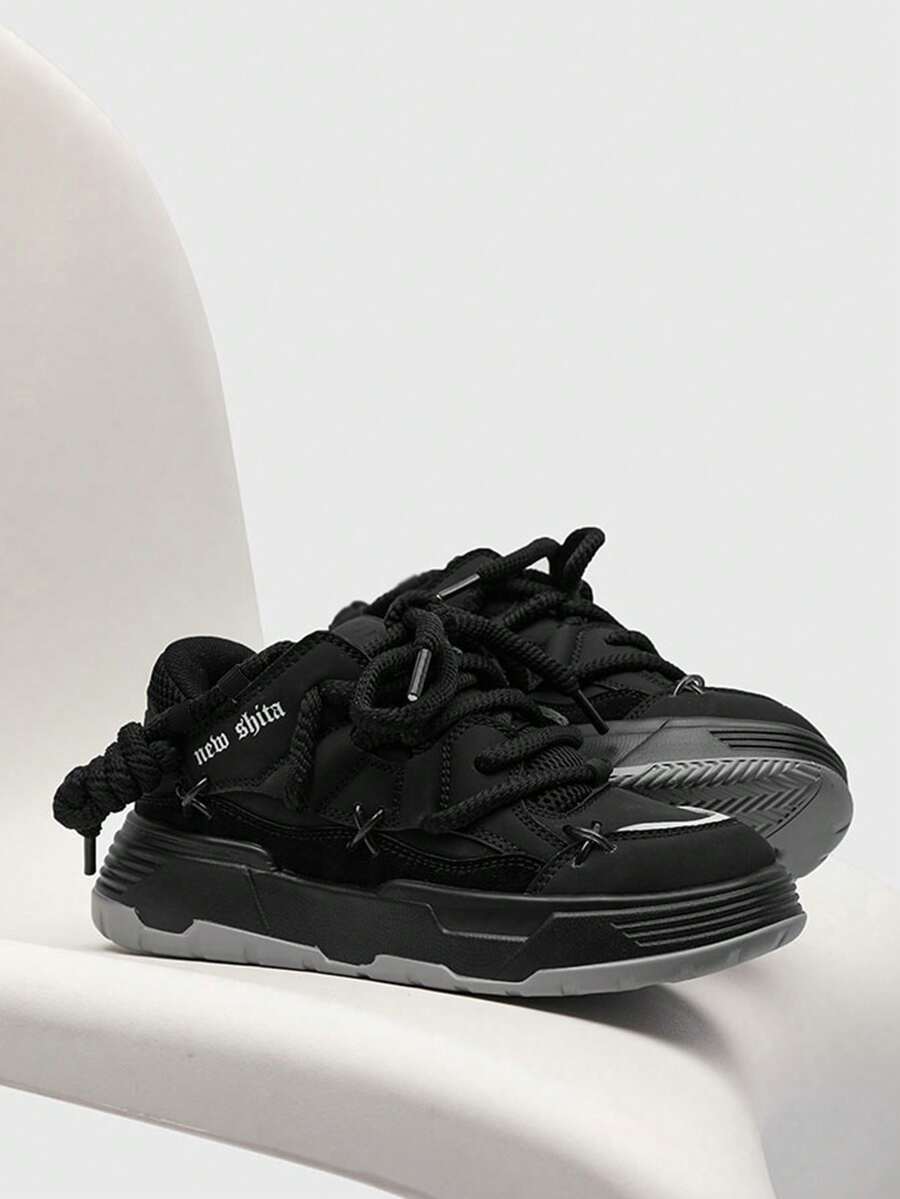 时尚情侣休闲运动鞋，毛毛虫造型，女士厚底鞋，男士百搭增高运动鞋，四季皆宜 - 黑色 - 查看 1