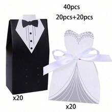 40pcs Wedding Dress & Tuxedo Shaped Satin Ribbon Candy Gift Box, Popular For Bridal Shower, Wedding Party - Black and White - View 7