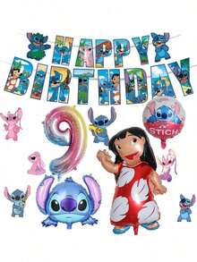 11pcs Lilo & Stitch Themed Birthday Decoration Set For Ages 1-9, Including Stitch-Shaped Balloons And 'HAPPY BIRTHDAY' Letter Banner, Perfect For Birthday Parties - Multicolor - View 10