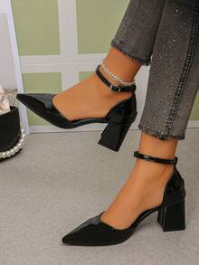 女士纯色西部风格优雅性感搭扣尖头粗跟办公凉鞋 - 黑色 - 查看 2