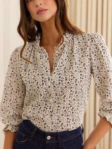 Women's Printed Woven Shirt, Stand Collar Bishop Sleeve, Button Front, Regular Fit Blouse Vacation Spring - Multicolor - View 2