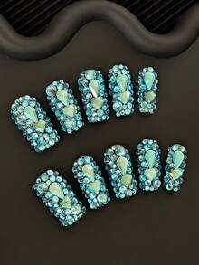 Y2K Square Nails Handmade Press-On Nails With Transparent Tips,Mint Blue Rhinestones & Sparkling Full-Coverage 3D Designs - Full Cover DIY Glitter Artificial Nails, False Nails For Parties, Outdoor, Beach, Daily, Holidays, Gatherings, Work & Special Events - 10 Pieces/Bag - Mint Blue - View 2