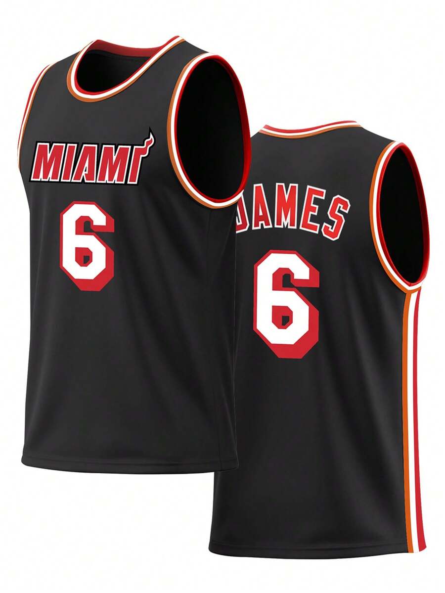 Men's 6 Black Basketball Jersey Casual Embroidered And Sewn Round Neck Vest Party Sports Top - Black - View 1