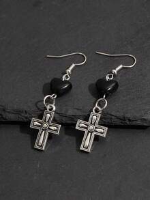 1 Pair Retro Street Style Cross & Heart Pendant Earrings, Edgy Black Earrings - Antique Silver - View 5
