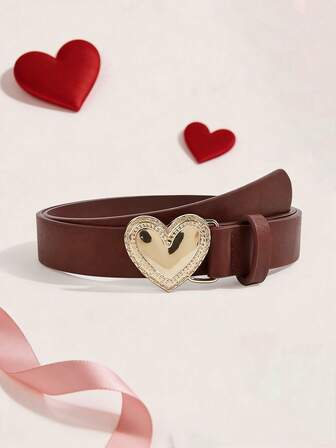 1 Stück eleganter einfarbiger Damengürtel, modischer Y2K-Stil mit goldenem Herzschnallenverschluss in Rotbraun, geeignet für Kleider, Hosen, Lässig-Wear, Bürokleidung, Partys, Freizeitaktivitäten, Alltagsmode, Einkaufen, Outdoor, Dates, Campus, Valentinstag Geschenk