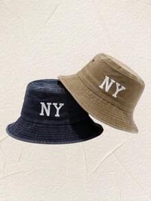 1pc Washed Cotton Bucket Hat With NY Embroidery, Simple And Stylish, Versatile Outdoor Casual Hiking Sun Hat - Fisherman Cowboy NY - View 10