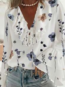 ChicMe Damen Bluse mit Wasserfarben Blume Muster, Rüschen, V-Ausschnitt, Langarm, Bindeband, lässig, locker, geschichtete Glockenärmel - Weiss - Übersicht 1