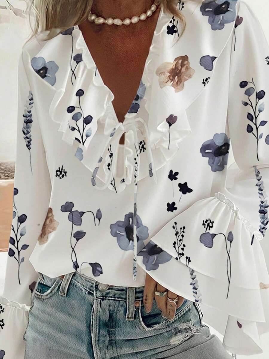ChicMe Damen Bluse mit Wasserfarben Blume Muster, Rüschen, V-Ausschnitt, Langarm, Bindeband, lässig, locker, geschichtete Glockenärmel - Weiss - Übersicht 1