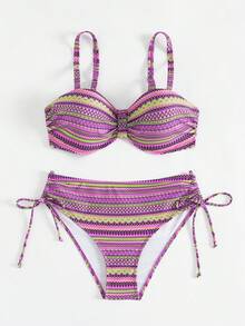 女士两件式泳衣套装，复古印花，高弹针织面料，82% 涤纶 + 18% 氨纶，几何图案，抽绳设计，上衣 195gsm，里料 130gsm，夏季海滩度假装 - 紫色 - 查看 4