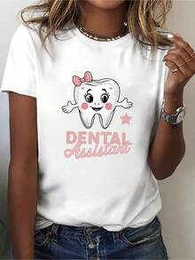 Women DENTAL Assistant Print T-Shirt Dental Hygienist Workwear With Dentist Office Short Sleeve Crew Neck Casual Top Comfortable  Professional For Dental Assistants Machine Washable - 白色1 - 查看 1