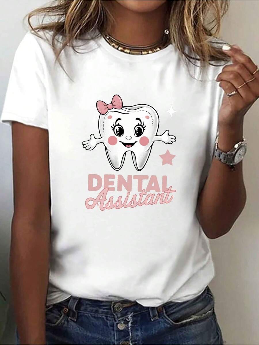 Women DENTAL Assistant Print T-Shirt Dental Hygienist Workwear With Dentist Office Short Sleeve Crew Neck Casual Top Comfortable  Professional For Dental Assistants Machine Washable - 白色1 - 查看 1