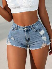 Quần short denim nữ dáng ôm, rách nhẹ, co giãn, ống đứng, gợi cảm, thích hợp cho mùa hè. - Rửa trung bình - Xem 4