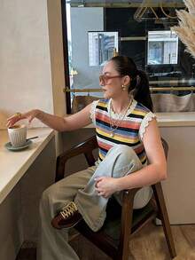Joy Knit 女士春夏新款时尚单品，夏季假日，春季女装，简约休闲时尚百搭，女士休闲上衣，情人节，彩色条纹撞色滚边圆领针织背心，适合休闲外出、日常穿着、海滩度假、外出上衣、假期穿着 - 杏色 - 查看 6