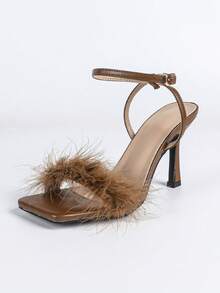 女士夏季高跟凉鞋，摩卡棕色优雅性感时尚露趾高跟凉鞋，纯棕色高跟凉鞋，方头细跟高跟凉鞋，新娘婚礼猫跟鞋，浅棕色凉鞋，女士棕色毛绒装饰搭扣凉鞋，修身显瘦 - 摩卡棕 - 查看 3