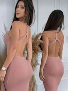 Midi Knit Dress With Crossover Back, Modal Fabric, For Christmas And New Year's. - 乾枯玫瑰色 - 查看 3