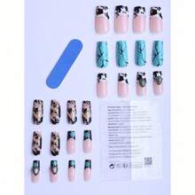 Spring Accessories, Bunny & Egg Gifts, Easter 24 Pieces Square Shaped Press On Nails With Jelly Glue Kit - Western Cowboy Style Manicure Design Featuring Turquoise Blue, Milk Patterns And Retro Diamonds For Mix & Match, Easy Application Fake Nails Full Set Includes Nail File & Strips For Daily Work Wear, Dating Essentials And Girls Gift Ideas - Nhiều màu - Xem 3