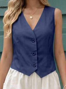 MICHELEE Elegant Women's Vest With V-Neck And Button Closure - Azul Marino - Ver 3