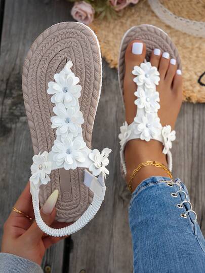 女士优雅花卉设计多功能户外沙滩度假露趾平底凉鞋